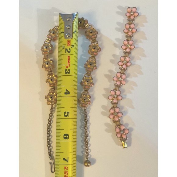 Bracelet Necklace Earrings Vintage Costume Jewelry Set Pink Flowers Rhinestones - Picture 6 of 7
